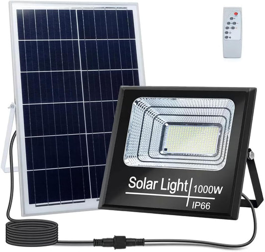 Faro a LED 1000W con Pannello Solare IP66, Sensore Crepuscolare e Telecomando | SMD Ultra Luminoso da Esterno | [Classe di efficienza energetica A]
