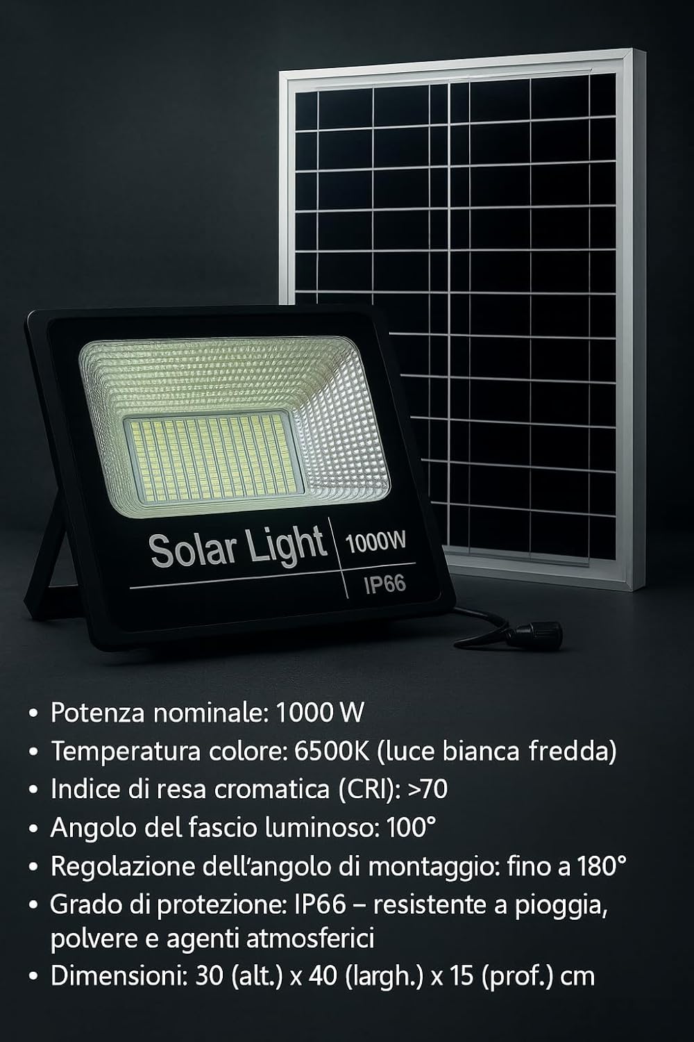 Faro a LED 1000W con Pannello Solare IP66, Sensore Crepuscolare e Telecomando | SMD Ultra Luminoso da Esterno | [Classe di efficienza energetica A]