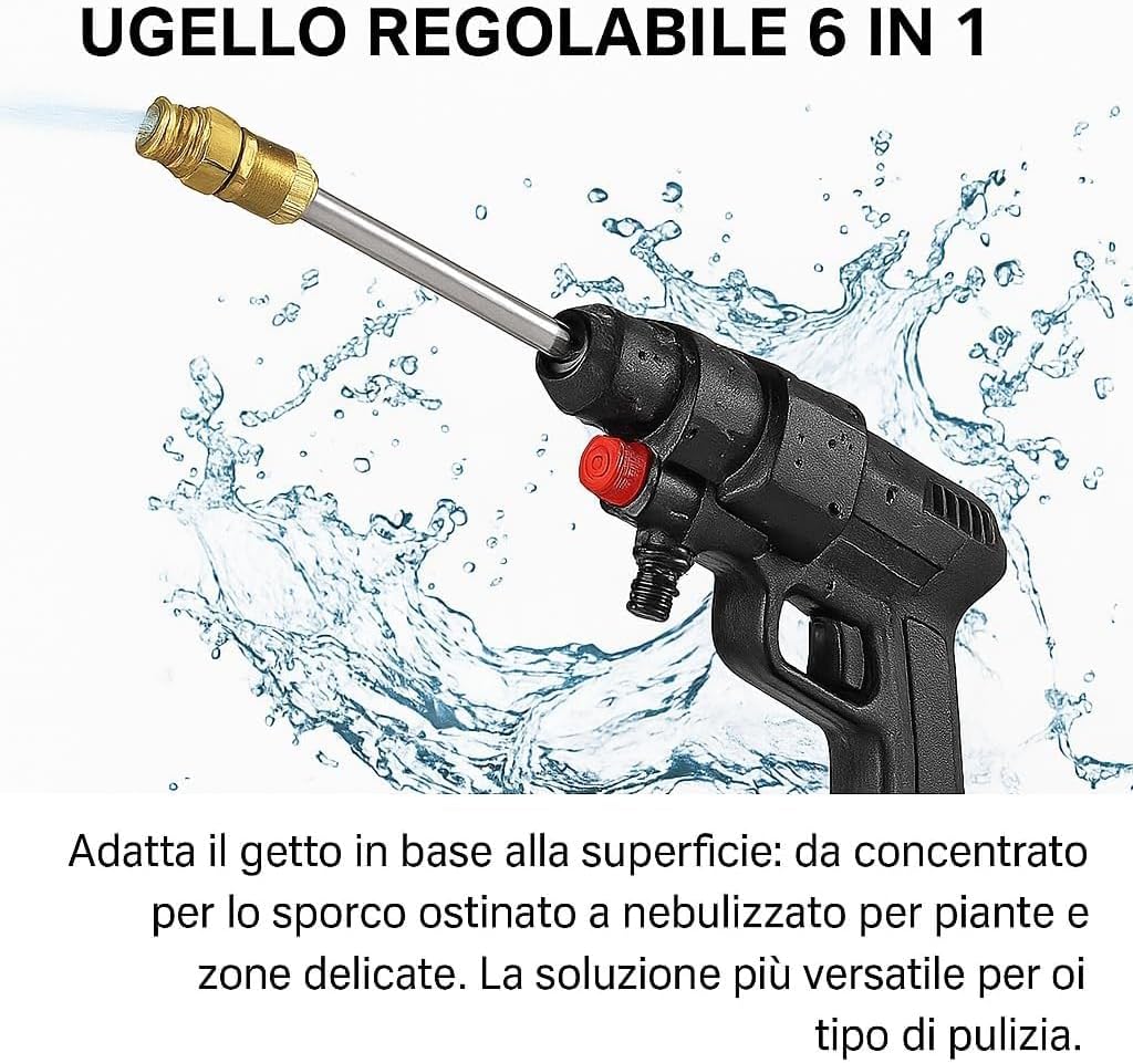 Idropulitrice a Doppia Batteria 48V 8000Mah, Ugello 6 in 1, Idropulitrice Portatile con 2 Batterie e Tubo da 5M, Pulitore ad Alta Pressione Senza Fili per Auto, Giardino, Pavimenti e Esterni