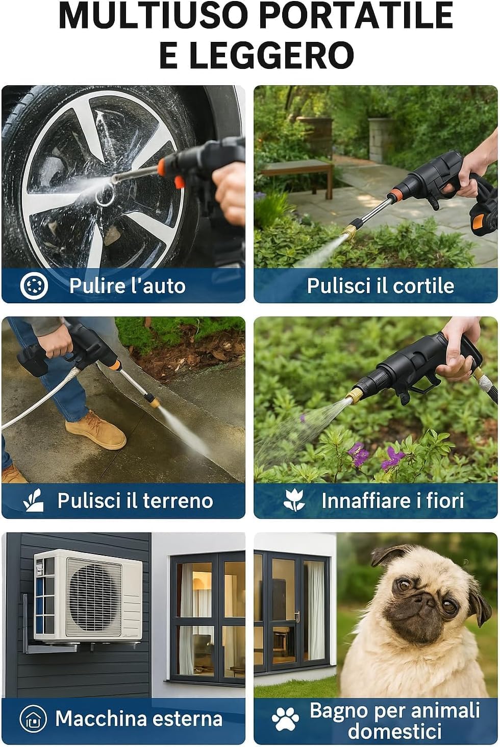 Idropulitrice Portatile A Batteria 60 Bar | Senza Fili, Con 2 Batterie E Ugello 6 In 1, Per Auto E Giardino - Foto 6