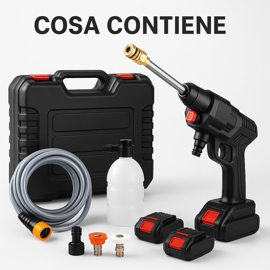 Idropulitrice a Doppia Batteria 48V 8000Mah, Ugello 6 in 1, Idropulitrice Portatile con 2 Batterie e Tubo da 5M, Pulitore ad Alta Pressione Senza Fili per Auto, Giardino, Pavimenti e Esterni